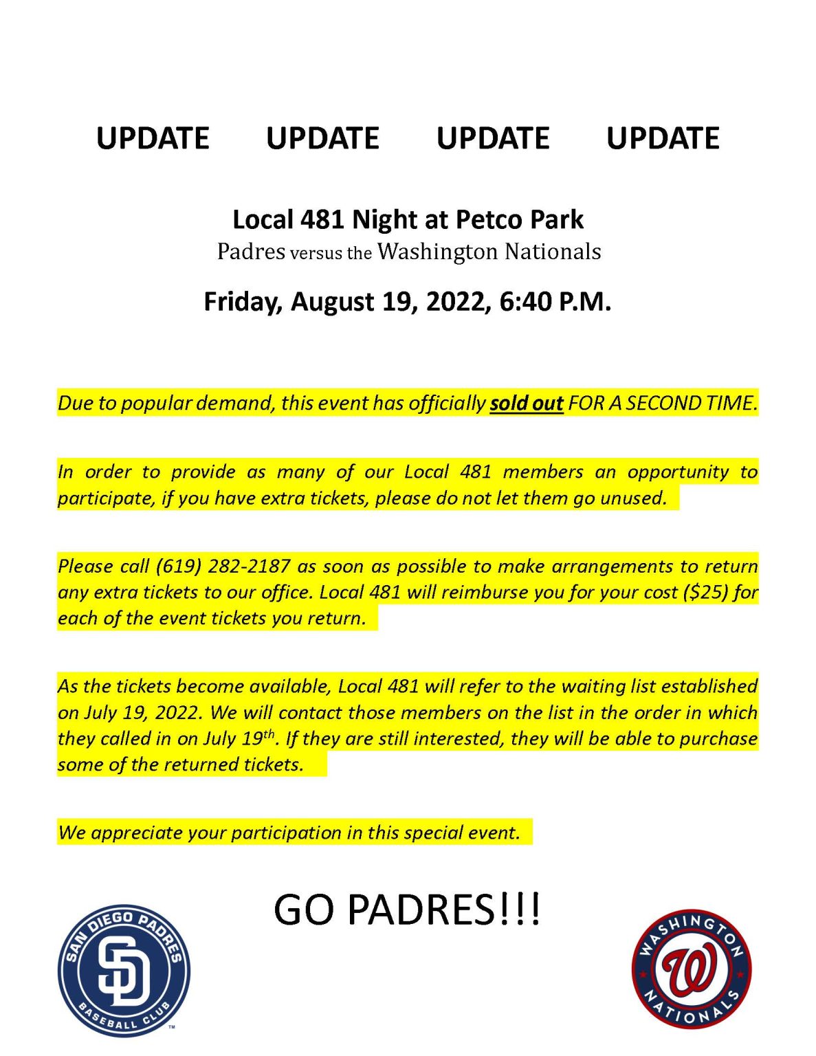 Update – Local 481 Night at PetCo Park – Teamsters 481